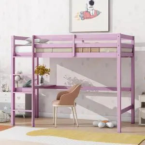 Twin Size Wood Loft Bed with Safety Guardrail, Built-in Desk and Ladder, Elegant Dorm Bed with Slat Support, Corner Beds or Teens Guest Room Apartment Bedroom, No Box Spring Needed (Pink Twin) Twin Size Wood Loft Bed with Safety Guardrail, Built-in Desk and Ladder, Elegant Dorm Bed with Slat Support, Corner Beds or Teens Guest Room Apartment Bedroom, No Box Spring Needed (Pink Twin)