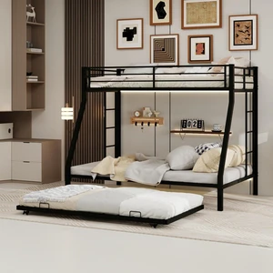 Hassyee Metal Triple Bunk Bed with Pull-Out Trundle and Slat Support, Heavy-Duty Steel Dorm Bed with Safety Guardrails and Ladders, Ideal for Teens Guest Room Apartment Bedroom (Black Twin Over Full) Hassyee Metal Triple Bunk Bed with Pull-Out Trundle and Slat Support, Heavy-Duty Steel Dorm Bed with Safety Guardrails and Ladders, Ideal for Teens Guest Room Apartment Bedroom (Black Twin Over Full)