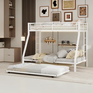 Hassyee Metal Triple Bunk Bed with Pull-Out Trundle and Slat Support, Heavy-Duty Steel Dorm Bed with Safety Guardrails and Ladders, Ideal for Teens Guest Room Apartment Bedroom (White Twin Over Full) Hassyee Metal Triple Bunk Bed with Pull-Out Trundle and Slat Support, Heavy-Duty Steel Dorm Bed with Safety Guardrails and Ladders, Ideal for Teens Guest Room Apartment Bedroom (White Twin Over Full)