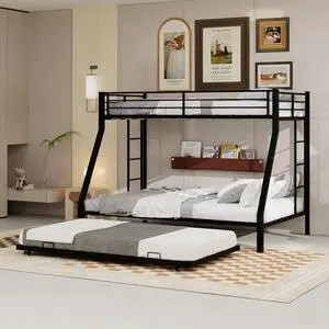 Metal Triple Bunk Bed with Pull-Out Trundle and Slat Support, Heavy-Duty Steel Dorm Bed with Safety Guardrails and Ladders, Ideal for Teens Guest Room Apartment Bedroom (Black Twin-XL Over Queen) Metal Triple Bunk Bed with Pull-Out Trundle and Slat Support, Heavy-Duty Steel Dorm Bed with Safety Guardrails and Ladders, Ideal for Teens Guest Room Apartment Bedroom (Black Twin-XL Over Queen)
