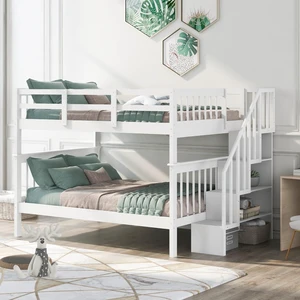 Hassyee Full Over Full Solid Wood Bunk Bed with Storage Staircase and Guard Rail, Modern Dorm Bed with Slat Support for Boys Girls Teens Shared Room Bedroom Guest Room (White Full Over Full) Hassyee Full Over Full Solid Wood Bunk Bed with Storage Staircase and Guard Rail, Modern Dorm Bed with Slat Support for Boys Girls Teens Shared Room Bedroom Guest Room (White Full Over Full)