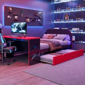 Hassyee Full Size Wooden Daybed with Pull-Out Trundle, Modern Platform Bed with USB Port and Slat Support, Sofa Beds with Desk for Boys Girls Teens Gaming Room Guest Room Bedroom (Red Full) Hassyee Full Size Wooden Daybed with Pull-Out Trundle, Modern Platform Bed with USB Port and Slat Support, Sofa Beds with Desk for Boys Girls Teens Gaming Room Guest Room Bedroom (Red Full)