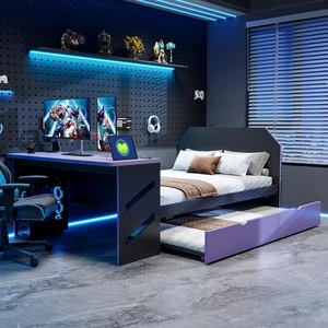 Hassyee Full Size Wooden Daybed with Pull-Out Trundle, Modern Platform Bed with USB Port and Slat Support, Sofa Beds with Desk for Boys Girls Teens Gaming Room Guest Room Bedroom (Purple Full) Hassyee Full Size Wooden Daybed with Pull-Out Trundle, Modern Platform Bed with USB Port and Slat Support, Sofa Beds with Desk for Boys Girls Teens Gaming Room Guest Room Bedroom (Purple Full)