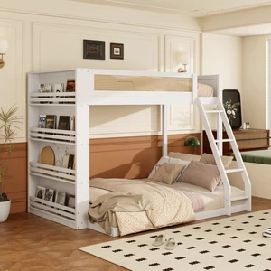 Hassyee Twin Over Full Wood Bunk Bed with Side Bookshelf and LED Lights, Dorm Bed with Ladder and Guard Rails, Floor Beds for Girls Boys Teens Shared Room Guest Room Bedroom (White Twin Over Full) Hassyee Twin Over Full Wood Bunk Bed with Side Bookshelf and LED Lights, Dorm Bed with Ladder and Guard Rails, Floor Beds for Girls Boys Teens Shared Room Guest Room Bedroom (White Twin Over Full)