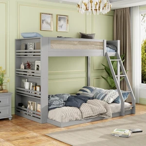 Hassyee Twin Over Full Wood Bunk Bed with Side Bookshelf and LED Lights, Dorm Bed with Ladder and Guard Rails, Floor Beds for Girls Boys Teens Shared Room Guest Room Bedroom (Gray Twin Over Full) Hassyee Twin Over Full Wood Bunk Bed with Side Bookshelf and LED Lights, Dorm Bed with Ladder and Guard Rails, Floor Beds for Girls Boys Teens Shared Room Guest Room Bedroom (Gray Twin Over Full)