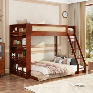 Hassyee Twin Over Full Wood Bunk Bed with Side Bookshelf and LED Lights, Dorm Bed with Ladder and Guard Rails, Floor Beds for Girls Boys Teens Shared Room Guest Room Bedroom (Espresso Twin Over Full) Hassyee Twin Over Full Wood Bunk Bed with Side Bookshelf and LED Lights, Dorm Bed with Ladder and Guard Rails, Floor Beds for Girls Boys Teens Shared Room Guest Room Bedroom (Espresso Twin Over Full)