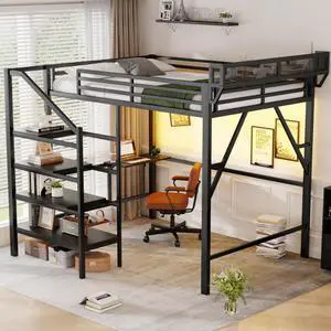 Hassyee Queen/Full Size Loft Bed with Foldable Desk and Charging Station, Metal Dorm Bed with LED Light, Guardrail and Storage Staircase for Teens Adults Guest Room Apartment Bedroom (Black Queen) Hassyee Queen/Full Size Loft Bed with Foldable Desk and Charging Station, Metal Dorm Bed with LED Light, Guardrail and Storage Staircase for Teens Adults Guest Room Apartment Bedroom (Black Queen)