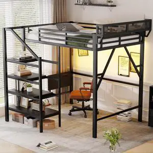 Hassyee Queen/Full Size Loft Bed with Foldable Desk and Charging Station, Metal Dorm Bed with LED Light, Guardrail and Storage Staircase for Teens Adults Guest Room Apartment Bedroom (Black Full) Hassyee Queen/Full Size Loft Bed with Foldable Desk and Charging Station, Metal Dorm Bed with LED Light, Guardrail and Storage Staircase for Teens Adults Guest Room Apartment Bedroom (Black Full)