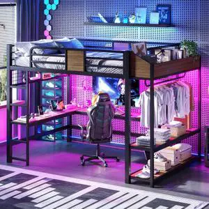 Queen/Full Size Loft Bed with L-Shaped Desk, LED Lights & Storage Shelves, Metal Dorm Bed with Hanging Rod, Iron Nets and USB Charging Ports, for Teens Guest Room Apartment Bedroom (Black Queen) Queen/Full Size Loft Bed with L-Shaped Desk, LED Lights & Storage Shelves, Metal Dorm Bed with Hanging Rod, Iron Nets and USB Charging Ports, for Teens Guest Room Apartment Bedroom (Black Queen)