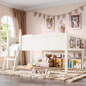 Twin/Full Size Loft Bed with Full-Length Guardrails, Solid Wood Dorm Bed with Ladders and Beside Bookshelf, Corner Beds with Slat Support for Boys Girls Playroom Guest Room Bedroom (Beige Twin) Twin/Full Size Loft Bed with Full-Length Guardrails, Solid Wood Dorm Bed with Ladders and Beside Bookshelf, Corner Beds with Slat Support for Boys Girls Playroom Guest Room Bedroom (Beige Twin)