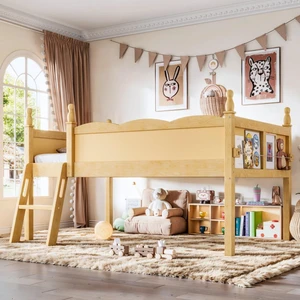 Twin/Full Size Loft Bed with Full-Length Guardrails, Solid Wood Dorm Bed with Ladders and Beside Bookshelf, Corner Beds with Slat Support for Boys Girls Playroom Guest Room Bedroom (Natural Twin) Twin/Full Size Loft Bed with Full-Length Guardrails, Solid Wood Dorm Bed with Ladders and Beside Bookshelf, Corner Beds with Slat Support for Boys Girls Playroom Guest Room Bedroom (Natural Twin)
