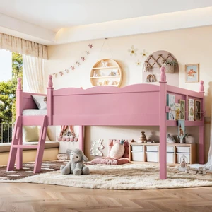 Twin/Full Size Loft Bed with Full-Length Guardrails, Solid Wood Dorm Bed with Ladders and Beside Bookshelf, Corner Beds with Slat Support for Boys Girls Playroom Guest Room Bedroom (Pink Full) Twin/Full Size Loft Bed with Full-Length Guardrails, Solid Wood Dorm Bed with Ladders and Beside Bookshelf, Corner Beds with Slat Support for Boys Girls Playroom Guest Room Bedroom (Pink Full)