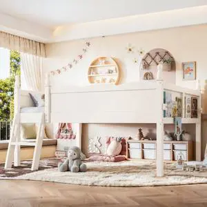 Twin/Full Size Loft Bed with Full-Length Guardrails, Solid Wood Dorm Bed with Ladders and Beside Bookshelf, Corner Beds with Slat Support for Boys Girls Playroom Guest Room Bedroom (Beige Full) Twin/Full Size Loft Bed with Full-Length Guardrails, Solid Wood Dorm Bed with Ladders and Beside Bookshelf, Corner Beds with Slat Support for Boys Girls Playroom Guest Room Bedroom (Beige Full)
