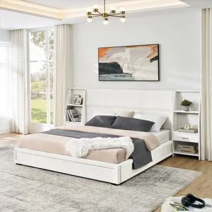 Hassyee King Size Modern Storage Platform Bed Frame, Panel Bed Mattress Foundation with Velvet Bookcases Headboard and Slat Support for Guest Room Apartment Bedroom, No Box Spring Needed (Beige King) Hassyee King Size Modern Storage Platform Bed Frame, Panel Bed Mattress Foundation with Velvet Bookcases Headboard and Slat Support for Guest Room Apartment Bedroom, No Box Spring Needed (Beige King)