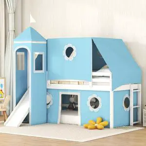 Twin/Full Size Wooden Castle Loft Bed with Slide and Tower Tent, Princess Dorm Bed with Guard Rails and Slat Support for Boys Girls Playroom Bedroom Guest Room, No Box Spring Needed (Blue Twin) Twin/Full Size Wooden Castle Loft Bed with Slide and Tower Tent, Princess Dorm Bed with Guard Rails and Slat Support for Boys Girls Playroom Bedroom Guest Room, No Box Spring Needed (Blue Twin)