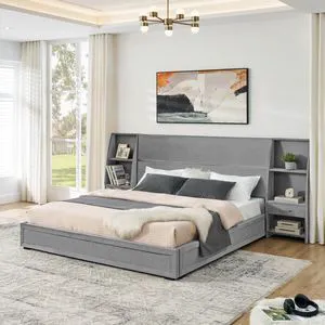 Hassyee King Size Modern Storage Platform Bed Frame, Panel Bed Mattress Foundation with Velvet Bookcases Headboard and Slat Support for Guest Room Apartment Bedroom, No Box Spring Needed (Gray King) Hassyee King Size Modern Storage Platform Bed Frame, Panel Bed Mattress Foundation with Velvet Bookcases Headboard and Slat Support for Guest Room Apartment Bedroom, No Box Spring Needed (Gray King)