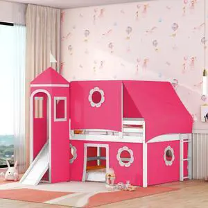Twin/Full Size Wooden Castle Loft Bed with Slide and Tower Tent, Princess Dorm Bed with Guard Rails and Slat Support for Boys Girls Playroom Bedroom Guest Room, No Box Spring Needed (Pink Full) Twin/Full Size Wooden Castle Loft Bed with Slide and Tower Tent, Princess Dorm Bed with Guard Rails and Slat Support for Boys Girls Playroom Bedroom Guest Room, No Box Spring Needed (Pink Full)
