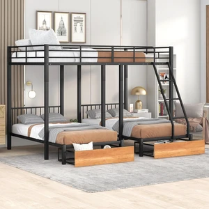 Hassyee Full Over Twin & Twin Bunk Bed, Metal Triple Bunk Bed with 2 Drawers and Guardrails, Detachable 3 Beds with Slat Support, Dorm Beds for Teens Shared Room Bedroom (Black Full Over Twin & Twin) Hassyee Full Over Twin & Twin Bunk Bed, Metal Triple Bunk Bed with 2 Drawers and Guardrails, Detachable 3 Beds with Slat Support, Dorm Beds for Teens Shared Room Bedroom (Black Full Over Twin & Twin)
