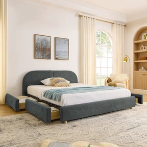 Hassyee Queen Size Upholstered Platform Bed Frame with Tall Curved Headboard, Modern Panel Bed Mattress Foundation with 4 Storage Drawers for Bedroom Guest Room Apartment (Dark Gray Queen) Hassyee Queen Size Upholstered Platform Bed Frame with Tall Curved Headboard, Modern Panel Bed Mattress Foundation with 4 Storage Drawers for Bedroom Guest Room Apartment (Dark Gray Queen)