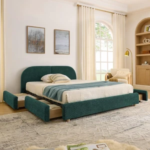 Hassyee Queen Size Upholstered Platform Bed Frame with Tall Curved Headboard, Modern Panel Bed Mattress Foundation with 4 Storage Drawers for Bedroom Guest Room Apartment (Green Queen) Hassyee Queen Size Upholstered Platform Bed Frame with Tall Curved Headboard, Modern Panel Bed Mattress Foundation with 4 Storage Drawers for Bedroom Guest Room Apartment (Green Queen)