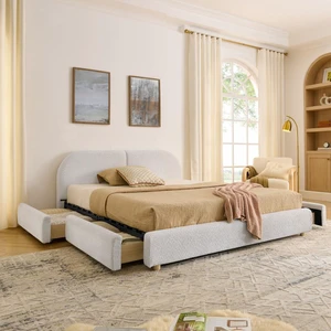 Hassyee Queen Size Upholstered Platform Bed Frame with Tall Curved Headboard, Modern Panel Bed Mattress Foundation with 4 Storage Drawers for Bedroom Guest Room Apartment (Beige Queen) Hassyee Queen Size Upholstered Platform Bed Frame with Tall Curved Headboard, Modern Panel Bed Mattress Foundation with 4 Storage Drawers for Bedroom Guest Room Apartment (Beige Queen)