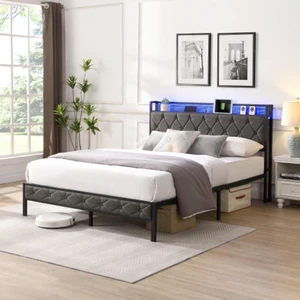 Full Size Upholstered Platform Bed w/Storage Headboard and LED Lights, Panel Bed Frame w/Heavy Duty Metal Slats and Charging Station for Bedroom Guest Dorm Room, No Box Spring Needed (Gray Full) Full Size Upholstered Platform Bed w/Storage Headboard and LED Lights, Panel Bed Frame w/Heavy Duty Metal Slats and Charging Station for Bedroom Guest Dorm Room, No Box Spring Needed (Gray Full)