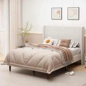 King/Queen Size Upholstered Platform Bed Frame with High Headboard, Panel Bed Mattress Foundation with Wooden Slat Support for Guest Room Apartment Bedroom, No Box Spring Needed (Beige+Queen+Chenille) King/Queen Size Upholstered Platform Bed Frame with High Headboard, Panel Bed Mattress Foundation with Wooden Slat Support for Guest Room Apartment Bedroom, No Box Spring Needed (Beige+Queen+Chenille)