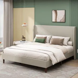 King/Queen Size Upholstered Platform Bed Frame with High Headboard, Panel Bed Mattress Foundation with Wooden Slat Support for Guest Room Apartment Bedroom, No Box Spring Needed (Beige+King+Linen) King/Queen Size Upholstered Platform Bed Frame with High Headboard, Panel Bed Mattress Foundation with Wooden Slat Support for Guest Room Apartment Bedroom, No Box Spring Needed (Beige+King+Linen)