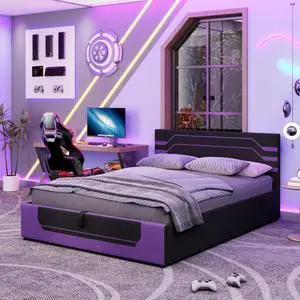 Hassyee Queen Size Modern Upholstered Platform Bed with Padded Headboard, Hydraulic Storage Gaming Bed Frame with Slat Support for Bedroom Apartment Gaming Room, Quick Assembly (Purple+Black Queen) Hassyee Queen Size Modern Upholstered Platform Bed with Padded Headboard, Hydraulic Storage Gaming Bed Frame with Slat Support for Bedroom Apartment Gaming Room, Quick Assembly (Purple+Black Queen)
