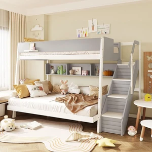 Wood Bunk Bed with LED Light, Staircase and Guard Rails, Modern Dorm Bed with Side Shelves and Slat Support, Storage Beds for Boys Girls Bedroom Shared Room Guest Room (Gray Full XL over Queen) Wood Bunk Bed with LED Light, Staircase and Guard Rails, Modern Dorm Bed with Side Shelves and Slat Support, Storage Beds for Boys Girls Bedroom Shared Room Guest Room (Gray Full XL over Queen)
