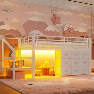 Hassyee Twin Size Low Loft Bed with Staircase and Full-Length Guardrail, Dorm Bed with Storage Shelves, Lights and Under-Bed Spaces, for Boys Girls Teens Room Playroom Bedroom (White Twin) Hassyee Twin Size Low Loft Bed with Staircase and Full-Length Guardrail, Dorm Bed with Storage Shelves, Lights and Under-Bed Spaces, for Boys Girls Teens Room Playroom Bedroom (White Twin)