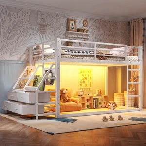 Twin Over Twin Bunk Bed with Storage Shelves and Drawers, Metal Loft Bed with Ladder and Guard Rails, Dorm Beds with LED Lights and Slat Support for Teens Bedroom Playroom (White Twin over Twin) Twin Over Twin Bunk Bed with Storage Shelves and Drawers, Metal Loft Bed with Ladder and Guard Rails, Dorm Beds with LED Lights and Slat Support for Teens Bedroom Playroom (White Twin over Twin)
