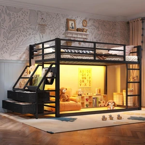 Twin Over Twin Bunk Bed with Storage Shelves and Drawers, Metal Loft Bed with Ladder and Guard Rails, Dorm Beds with LED Lights and Slat Support for Teens Bedroom Playroom (Black Twin over Twin) Twin Over Twin Bunk Bed with Storage Shelves and Drawers, Metal Loft Bed with Ladder and Guard Rails, Dorm Beds with LED Lights and Slat Support for Teens Bedroom Playroom (Black Twin over Twin)