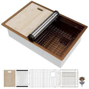 31 Inch Kitchen Sink, 31x21 Inch Single Bowl Undermount Workstation Sink with Double Track, 16 Gauge Rose Gold Stainless Steel Work Station Kitchen Sink with Multiple Accessories 31 Inch Kitchen Sink, 31x21 Inch Single Bowl Undermount Workstation Sink with Double Track, 16 Gauge Rose Gold Stainless Steel Work Station Kitchen Sink with Multiple Accessories