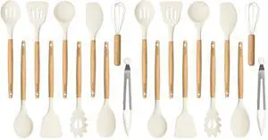 Silicone Cooking Utensils Set, Kitchen Utensils Set 10 Pcs for cooking, BPA Free Spatula Set with Heat Resistant Wood Handles for Nonstick Cookware (Cream White) (Pack of 2) Silicone Cooking Utensils Set, Kitchen Utensils Set 10 Pcs for cooking, BPA Free Spatula Set with Heat Resistant Wood Handles for Nonstick Cookware (Cream White) (Pack of 2)