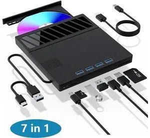 External CD/DVD Drive for Laptop, 7 in 1 USB Ultra-Slim Portable CD/DVD Player Burner, with 4 USB Ports, SD/TF Card Reader CD ROM Compatible with External DVD Player for Windows 11/10/8/7 Linux External CD/DVD Drive for Laptop, 7 in 1 USB Ultra-Slim Portable CD/DVD Player Burner, with 4 USB Ports, SD/TF Card Reader CD ROM Compatible with External DVD Player for Windows 11/10/8/7 Linux