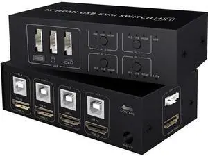 HDMI KVM Switch 4 Port HDMI Switcher, 4K @60Hz 4 In 1 Out KVM USB Switch Box for 4 PC Sharing Keyboard Mouse Monitor Compatible with Laptop, PC, PS4, Xbox HDTV HDMI KVM Switch 4 Port HDMI Switcher, 4K @60Hz 4 In 1 Out KVM USB Switch Box for 4 PC Sharing Keyboard Mouse Monitor Compatible with Laptop, PC, PS4, Xbox HDTV