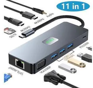 Type C Docking Station for Laptops, 11 in 1 USB C Docking Station 3 Monitors to 4K HDMI, VGA, DP, USB C Hub Multiport Adapter to 3 * 10Gbps USB 3.2, 1000M Ethernet, PD 100W, SD/TF for Laptops Type C Docking Station for Laptops, 11 in 1 USB C Docking Station 3 Monitors to 4K HDMI, VGA, DP, USB C Hub Multiport Adapter to 3 * 10Gbps USB 3.2, 1000M Ethernet, PD 100W, SD/TF for Laptops