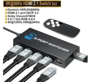 JAHDMI Switch 8K@60Hz, 5 Port HDMI 2.1 Switcher Selector 5 in 1 Out HDMI Switch with IR Remote Control, Supports 8K HDR10 HDCP 2.3 3D Dolby for Nintendo Switch,Xbox PS5/PS4,Fire Stick and More - OZ8Q5 JAHDMI Switch 8K@60Hz, 5 Port HDMI 2.1 Switcher Selector 5 in 1 Out HDMI Switch with IR Remote Control, Supports 8K HDR10 HDCP 2.3 3D Dolby for Nintendo Switch,Xbox PS5/PS4,Fire Stick and More - OZ8Q5
