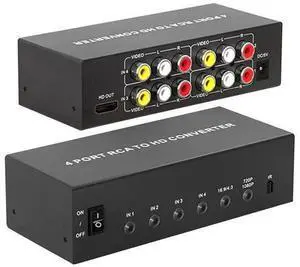 4 Port AV to HDMI Converter 1080P, Fit for RCA/Composite/CVBS to HDMI Converter Adapter, Support 16:9/4:3 Switch, Compatible with Wii N64 PS1 PS2 PS3 VHS VCR DVD Players etc (with Remote) 4 Port AV to HDMI Converter 1080P, Fit for RCA/Composite/CVBS to HDMI Converter Adapter, Support 16:9/4:3 Switch, Compatible with Wii N64 PS1 PS2 PS3 VHS VCR DVD Players etc (with Remote)