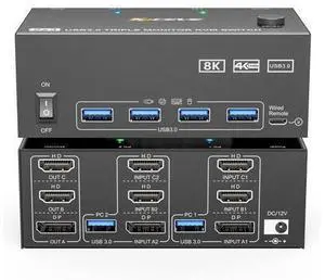 KVM Switch 3 Monitors 2 Computers 8K@60Hz/4K@144Hz, HDMI Displayport KVM Switches for 2 PC Sharing Triple Monitor and Keyboard Mouse with Power Adapter, Wired Extend Controller and USB3.0 Cables KVM Switch 3 Monitors 2 Computers 8K@60Hz/4K@144Hz, HDMI Displayport KVM Switches for 2 PC Sharing Triple Monitor and Keyboard Mouse with Power Adapter, Wired Extend Controller and USB3.0 Cables