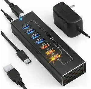 Powered USB Hub - Multi-Port USB Hub with 7 USB 3.0 Ports, 3 Fast Charging USB 3 0 Ports, with Cords C and A, Power USB HUB Adapter Powered USB Hub - Multi-Port USB Hub with 7 USB 3.0 Ports, 3 Fast Charging USB 3 0 Ports, with Cords C and A, Power USB HUB Adapter