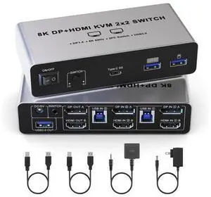 Vszerda Displayport HDMI KVM Switch 8K@60Hz 2 Monitors 2 Computers, Aluminum with 4 USB 3.0 Ports for 2 Computers Share Dual Monitors Keyboard Mouse Printer with 2 USB Cables/Power Adapter/Controller Vszerda Displayport HDMI KVM Switch 8K@60Hz 2 Monitors 2 Computers, Aluminum with 4 USB 3.0 Ports for 2 Computers Share Dual Monitors Keyboard Mouse Printer with 2 USB Cables/Power Adapter/Controller