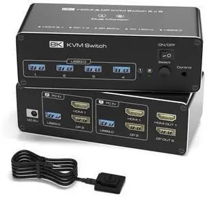 KVM Switch 2 Monitors 2 Computers, 8K HDMI+DP Dual Monitor KVM Switch, USB 3.0 Hub for 2 PC Share 2 Screens, Support Extended/Copy Mode with Desktop Controller with 2 USB Cables & Desktop Controller KVM Switch 2 Monitors 2 Computers, 8K HDMI+DP Dual Monitor KVM Switch, USB 3.0 Hub for 2 PC Share 2 Screens, Support Extended/Copy Mode with Desktop Controller with 2 USB Cables & Desktop Controller