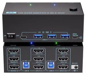 KVM Switch 3 Monitors 2 Computers 8K@60Hz/4K@120Hz, HDMI KVM Switches for 2 PC Sharing Triple Monitor and Keyboard Mouse with Power Adapter, Wired Extend Controller and USB3.0 Cables KVM Switch 3 Monitors 2 Computers 8K@60Hz/4K@120Hz, HDMI KVM Switches for 2 PC Sharing Triple Monitor and Keyboard Mouse with Power Adapter, Wired Extend Controller and USB3.0 Cables