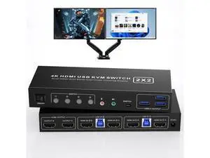Vszerda HDMI KVM Switch 2 Montiors 2 Computers USB 3.0, 4K@60Hz KVM Switch Dual Monitor with 3 USB 3.0 Ports and Audio, 2 Port KVM Switch with Dual Monitor Cross Display for 2 Computers Vszerda HDMI KVM Switch 2 Montiors 2 Computers USB 3.0, 4K@60Hz KVM Switch Dual Monitor with 3 USB 3.0 Ports and Audio, 2 Port KVM Switch with Dual Monitor Cross Display for 2 Computers