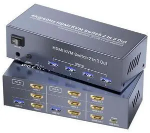 Vszerda 4K@60Hz Three Monitor HDMI KVM Switch, 2 Port HDMI KVM Switch 3 Minitors 2 Computers for Managing 2 PC Using 1 Set of Keyboard Mouse, 2 PC Share 4 USB 3.0 Ports Vszerda 4K@60Hz Three Monitor HDMI KVM Switch, 2 Port HDMI KVM Switch 3 Minitors 2 Computers for Managing 2 PC Using 1 Set of Keyboard Mouse, 2 PC Share 4 USB 3.0 Ports