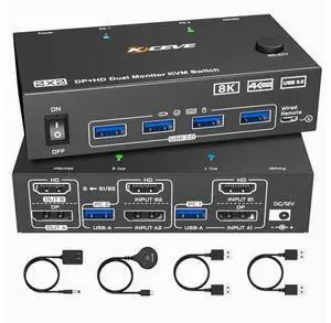 KVM Switch 2 Monitors 2 Computers 4K@144Hz 8K@60Hz, HDMI Displayport Dual Monitor KVM Switch for 2 PC Share 2 Monitors Keyboard Mouse Printer, Wired Remote,Power Adapter and USB Cable Included KVM Switch 2 Monitors 2 Computers 4K@144Hz 8K@60Hz, HDMI Displayport Dual Monitor KVM Switch for 2 PC Share 2 Monitors Keyboard Mouse Printer, Wired Remote,Power Adapter and USB Cable Included