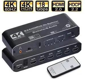JAENFONG HDMI Switch Splitter 2x4 with Audio Extractor, 4K@60Hz Ultra HD HDMI Switcher with Optical TOSLINK SPDIF, 3.5mm Audio Support HDCP 2.2, HDMI2.0b, 4K@60HZ, RGB4:4:4, 4K HDR , Remote Control JAENFONG HDMI Switch Splitter 2x4 with Audio Extractor, 4K@60Hz Ultra HD HDMI Switcher with Optical TOSLINK SPDIF, 3.5mm Audio Support HDCP 2.2, HDMI2.0b, 4K@60HZ, RGB4:4:4, 4K HDR , Remote Control
