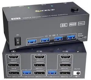 8K KVM Switch 3 Monitors 2 Computers 8K@60Hz 4K@144Hz,3 Monitors KVM Switch for 2 Computers Sharing Triple Monitors,Keyboard,Mouse,Printer with 2*USB3.0 Cables,Power Adapter and Controller 8K KVM Switch 3 Monitors 2 Computers 8K@60Hz 4K@144Hz,3 Monitors KVM Switch for 2 Computers Sharing Triple Monitors,Keyboard,Mouse,Printer with 2*USB3.0 Cables,Power Adapter and Controller